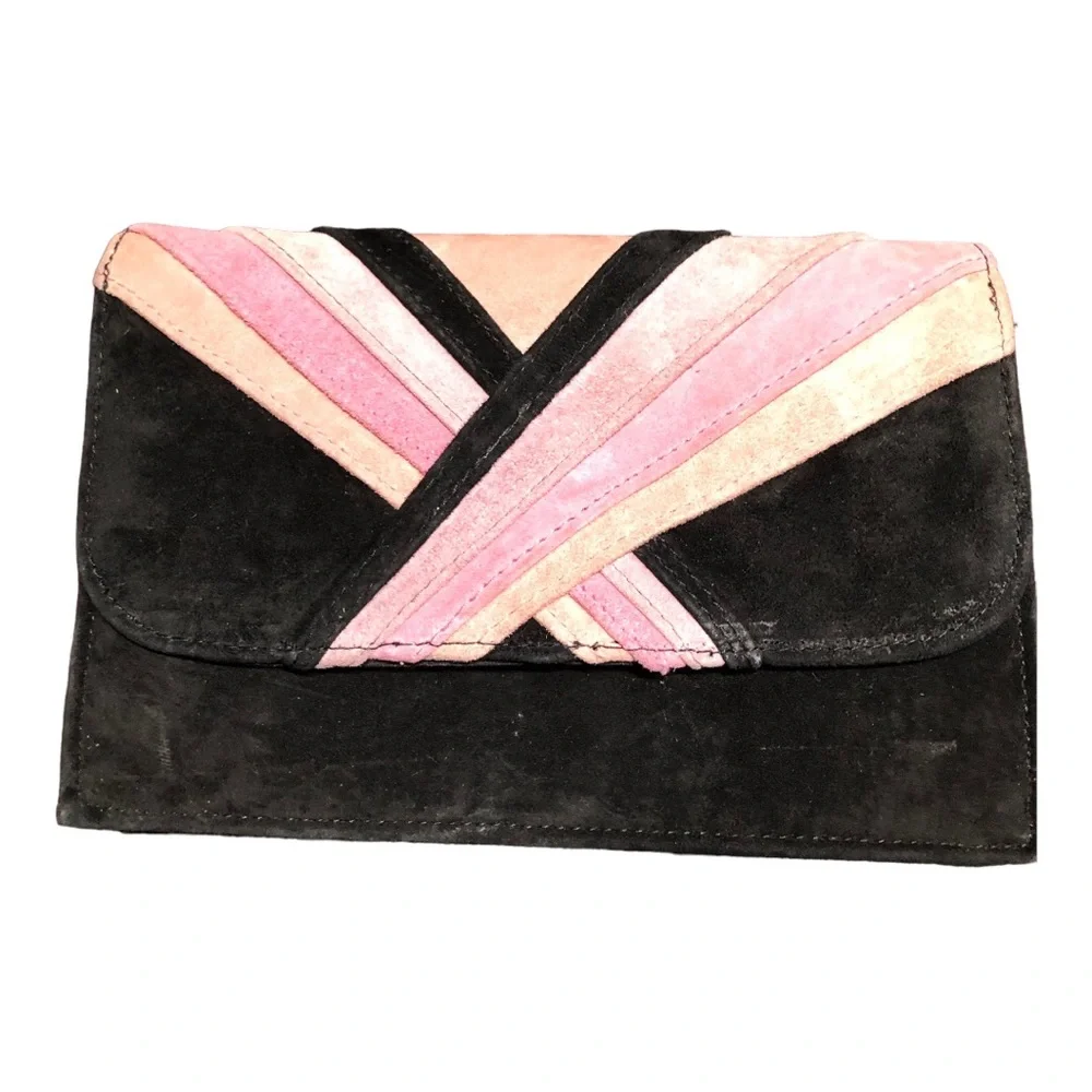Suede Pleated Clutch Purse With Attached Shoulder Strap Black/Pink/Peach Women